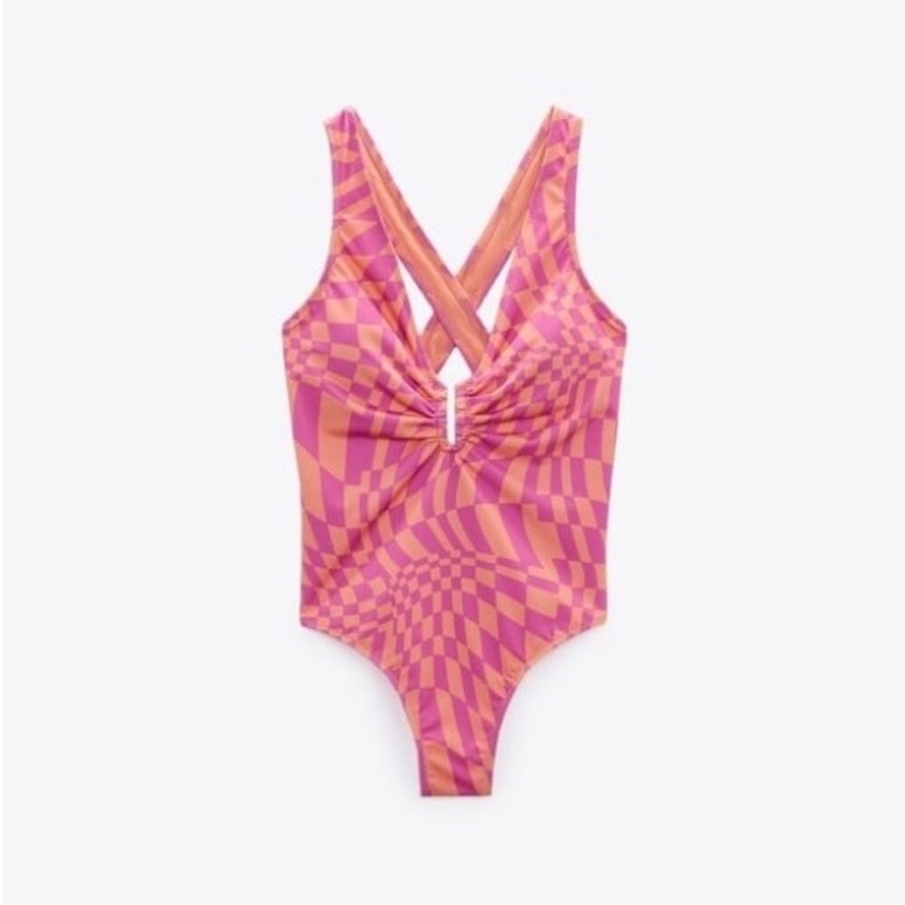 New Zara Pink & Orange Checker One-Piece Maillot Swimsuit